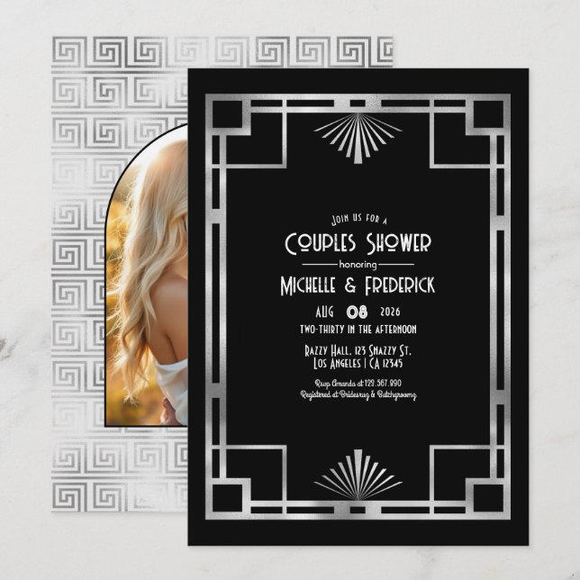 Convites Chuva de Casal Preto e Prata Gatsby Art Déco (Frente/Verso)