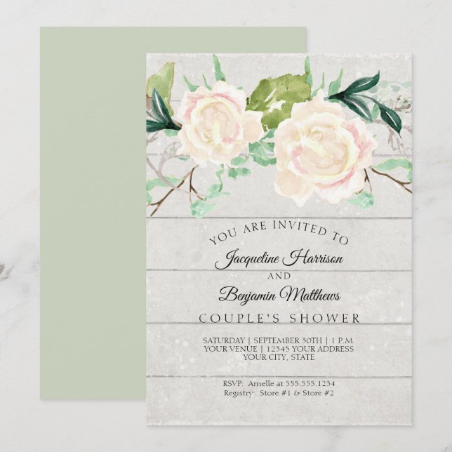 Convites Chuva de Casal Rustico Madeira Aquarela Rosas Bege (Frente/Verso)