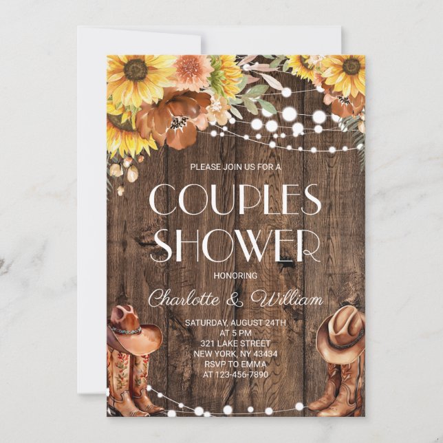 Convites Chuva de Casal Rústico Ocidental com Girassóis (Frente)