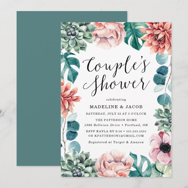 Convites Chuva de Casal Suculentas Boho Aquarela (Frente/Verso)