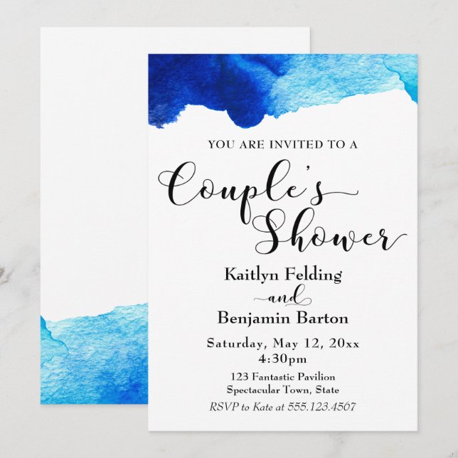 Convites Chuva de Casal Tipografia Preta Aquarela Azul (Frente/Verso)