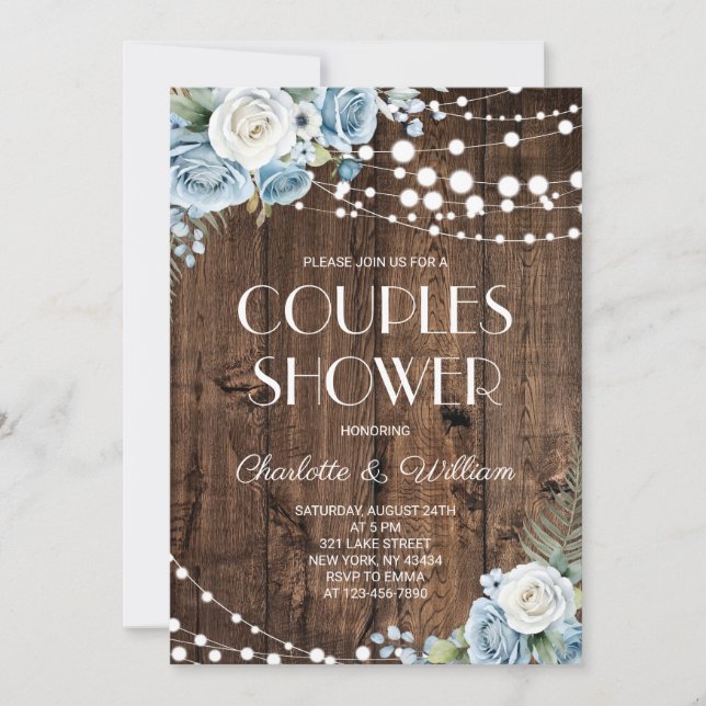 Convites Chuva de Casamento Azul Empoeirado de Madeira Rúst (Frente)
