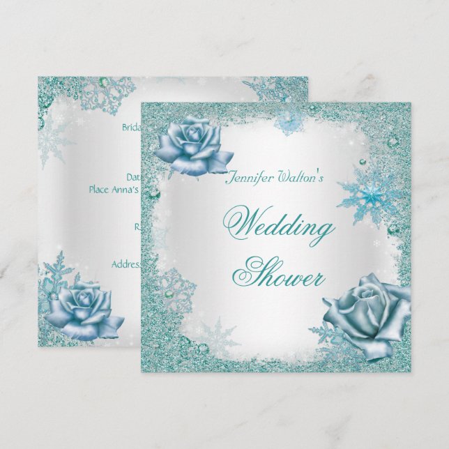 Convites Chuva de Casamento Brilho Azul Turquesa Rosas Bran (Frente/Verso)