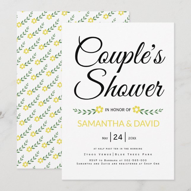 Convites Chuva de casamento casais amarelos tipografia mode (Frente/Verso)