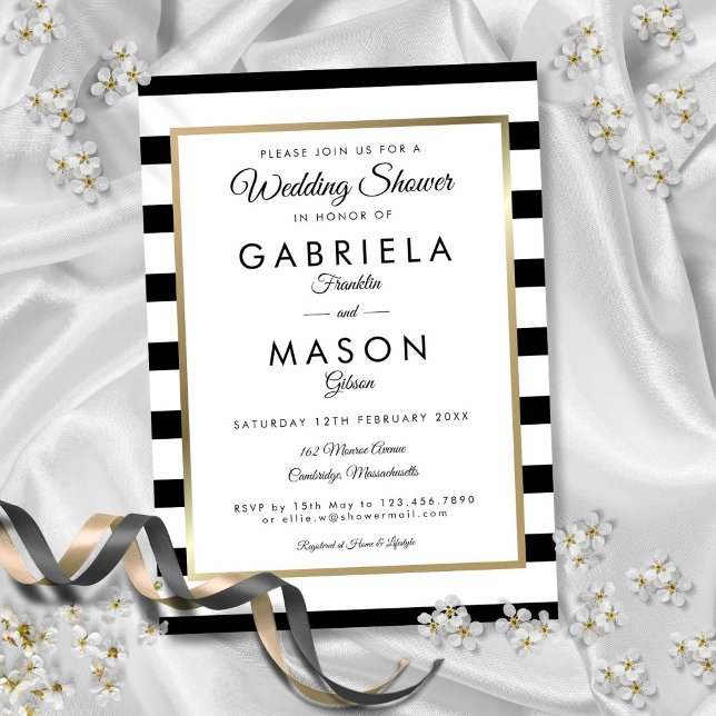 Convites Chuva de Casamento Clássica em Preto e Branco com  (Classic Black And White Stripe Gold Wedding Shower Invitation)