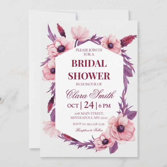 Convites Chuva de Casamento com Flores em Aquarela Rosa e R (Frente)