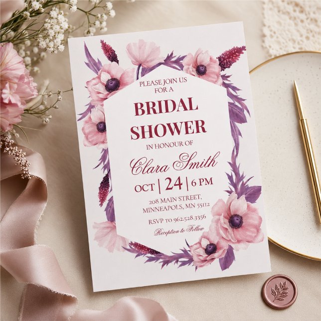 Convites Chuva de Casamento com Flores em Aquarela Rosa e R (Criador carregado)