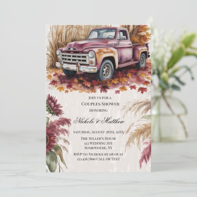 Convites Chuva de Casamento com Girassóis Borgonha e Grama  (Em pé/Frente)