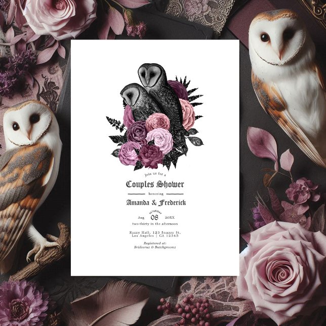 Convites Chuva de Casamento de Casais com Coruja Gótica e F (Gothic Owl and Mauve Vintage Floral Couples Shower Invitation)