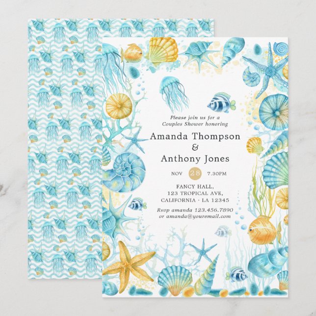 Convites Chuva de Casamento de Casais de Vida Marinha Azul  (Frente/Verso)