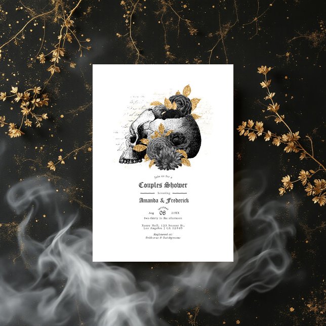 Convites Chuva de Casamento de Casais Florais e Caveiras Gó (Vintage Gothic Skull and Floral Couples Shower Invitation)