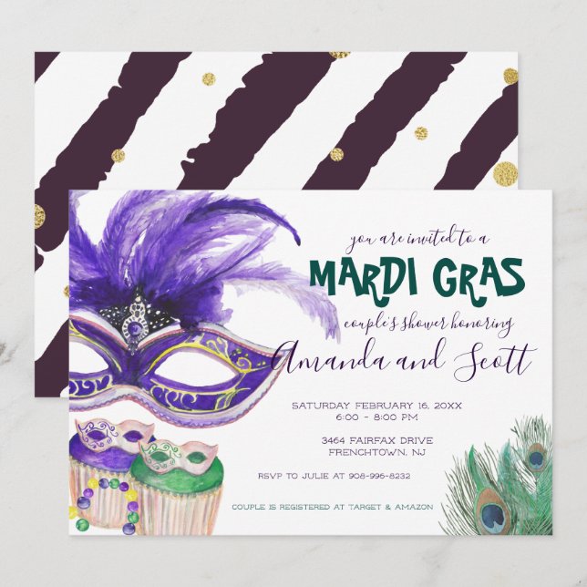 Convites Chuva de Casamento de Casal de Mardi Gras (Frente/Verso)