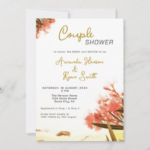 Convites Chuva de Casamento de Casal na Praia com Flores de