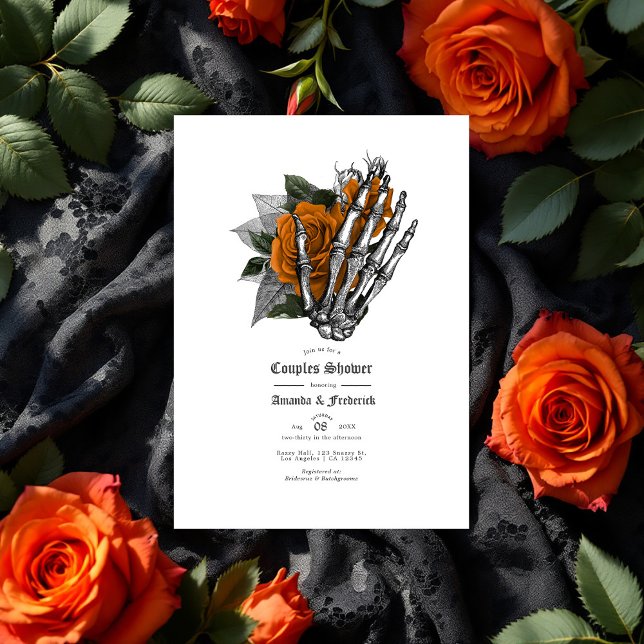 Convites Chuva de Casamento de Casal Rosa Laranja e Mão de  (Gothic Skeleton Hand & Orange Rose Couples Shower Invitation)