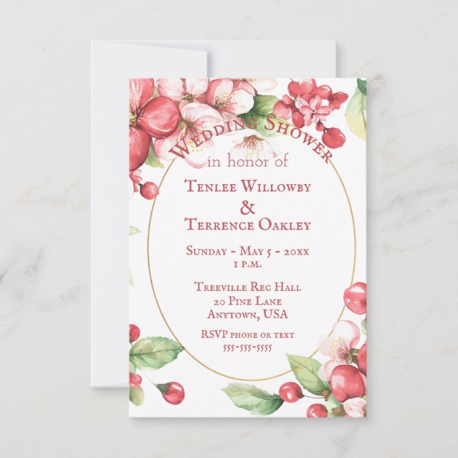 Convites Chuva de Casamento de Cerejas Vermelhas e Flores (Frente)