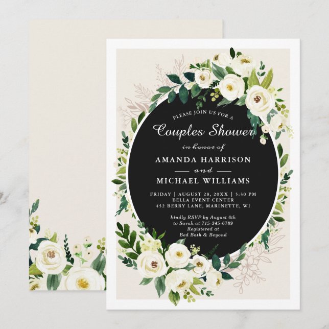 Convites Chuva de Casamento de Flores Brancas de Verdura (Frente/Verso)
