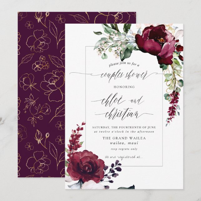Convites Chuva de Casamento em Aquarela Rosa Borgonha Subli (Frente/Verso)