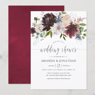 Convites Chuva de casamento floral em burgundy e azul-marin