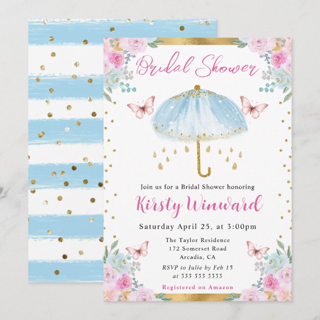 Convites Chuva de Casamento Guarda-Chuva Azul Primavera Aqu (Frente/Verso)