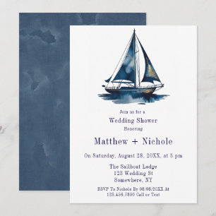 Convites Chuva de Casamento Náutica de Barco à Vela Azul e 