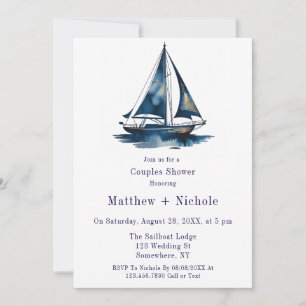 Convites Chuva de Casamento Náutico de Barco à Vela Azul e