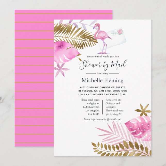 Convites Chuva de Casamento ou Chá de Bebê Flamingo Rosa e  (Frente/Verso)