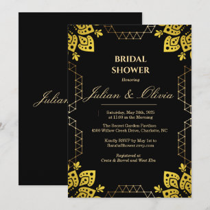 Convites Chuva de Casamento Real Luxuosa Preta e Dourada