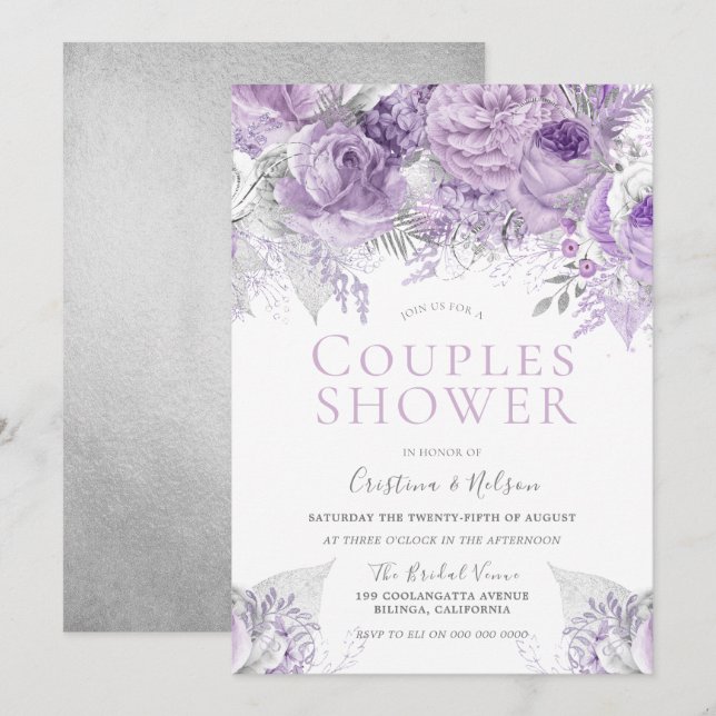 Convites Chuva de Casamento Roxo Lavanda Floral Prata (Frente/Verso)