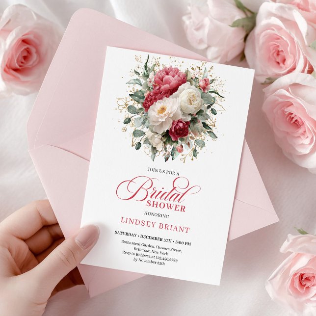 Convites Chuva de Casamento Vermelho Branco Dourado Refined (Refined Bohemian Crimson Red White Gold Shower)