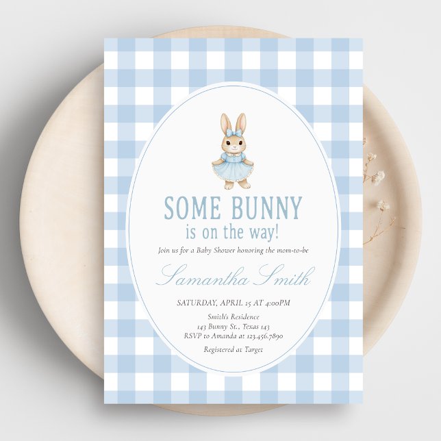 Convites Chuva de Coelhinhos Baby Shower (Gingham Little Bunny Baby Shower Invitation)