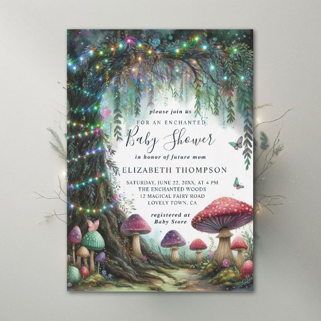 Convites Chuva de Cogumelos Mágicos no Bosque Encantado - B (enchanted forest baby shower invitation woodland mushrooms rainbow twinkle magic fairy)