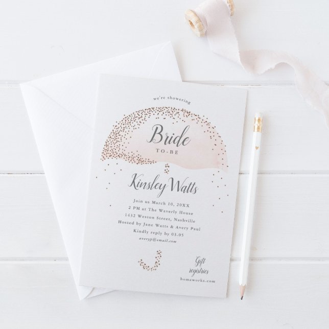 Convites Chuva de Confete Rosa Dourado Elegante para Chá de (Criador carregado)