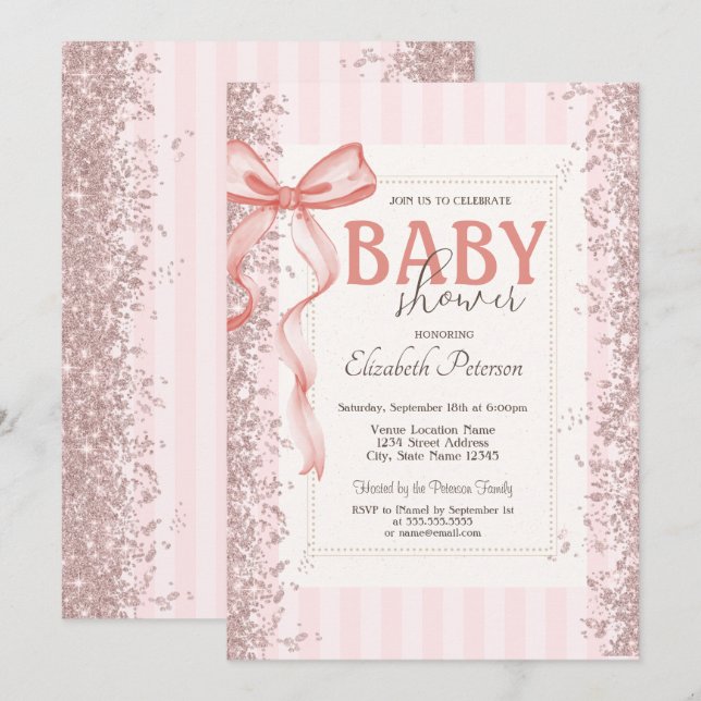 Convites Chuva de Confetes Arco Rosa Listrado Baby Shower (Frente/Verso)