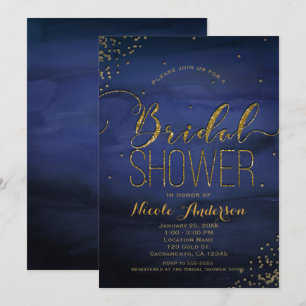Convites Chuva de Confetes Azul Dourado Aquarela Moderna CH