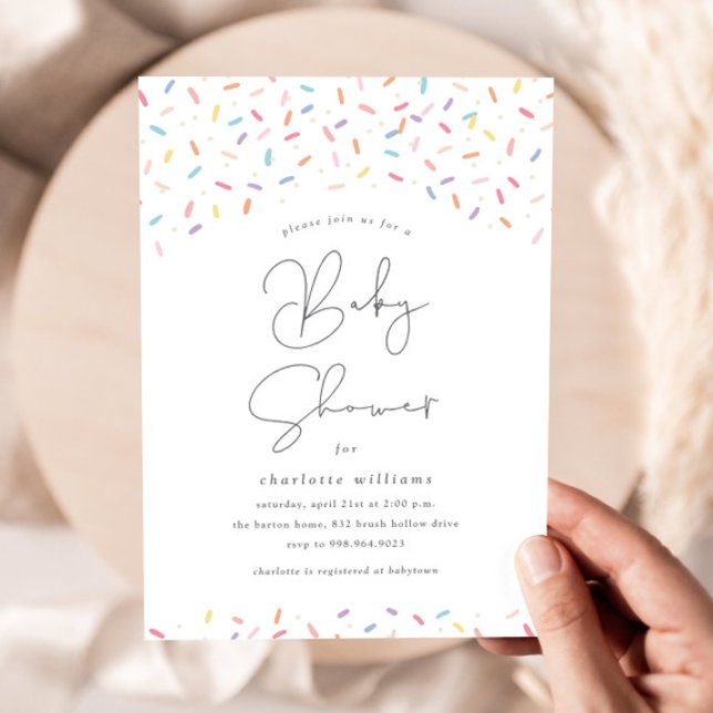 Convites Chuva de Confetes Colorida Festa de Bebê (Cute rainbow sprinkles baby shower invitations.)