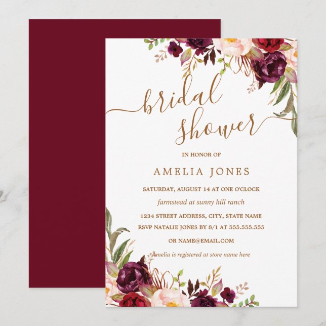 Convites Chuva de Confetes Dourado Floral Borgonha para Chá (Frente/Verso)