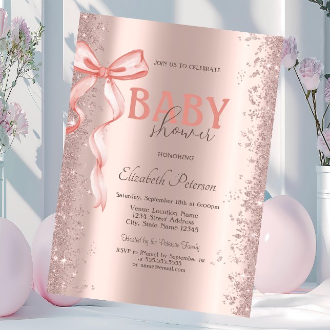 Convites Chuva de Confetes Dourado Rosa com Laço Rosa Chá d (Criador carregado)