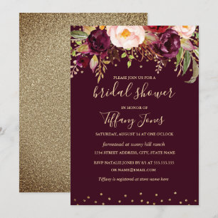 Convites Chuva de Confetes Dourado Vermelho Borgonha Floral