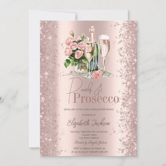 Convites Chuva de Confetes em Rose Gold Prosecco Pérolas pa (Frente)