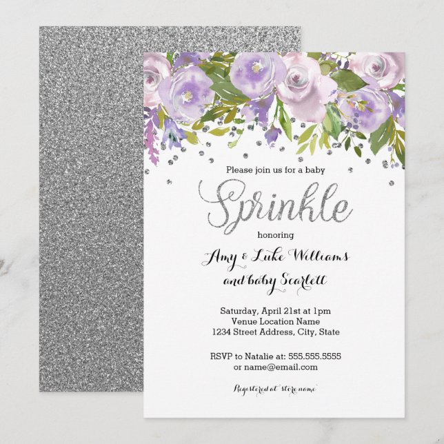 Convites Chuva de Confetes Floral Roxo Baby Shower (Frente/Verso)