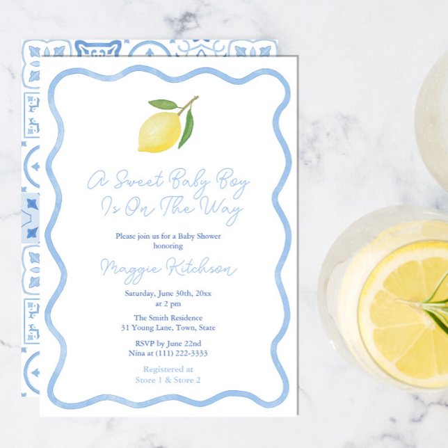 Convites Chuva de Confetes Simples de Limão para Chá de Beb (Blue And White wavy border baby shower invitation with lemon to welcome a sweet baby boy. )