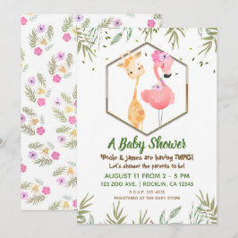 Convites Chuva de Cor Flamingo & Girafa Tropical Baby Showe