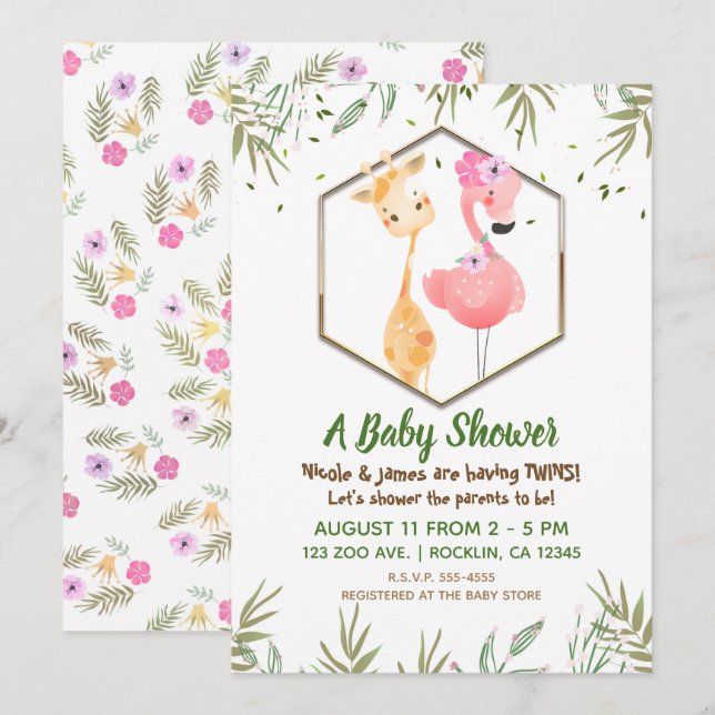 Convites Chuva de Cor Flamingo & Girafa Tropical Baby Showe (Frente/Verso)