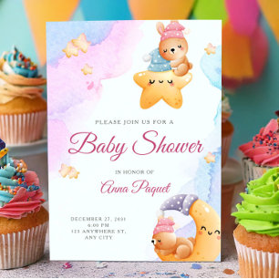 Convites Chuva de Cor Pastel Rosa Urso Teddy Fofo Chá de Be