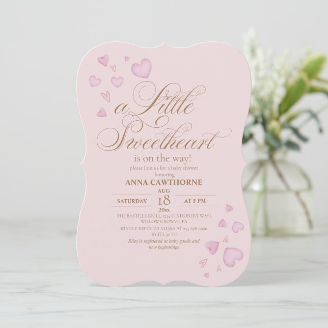 Convites Chuva de Corações Rosa Aniversário de Bebê (Em pé/Frente)