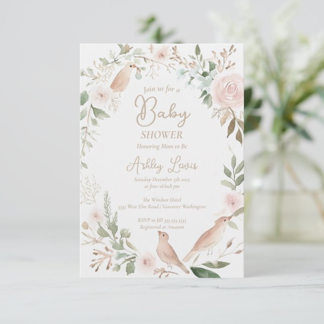 Convites Chuva de cores bebê passarinho floral folhas chá d (Em pé/Frente)