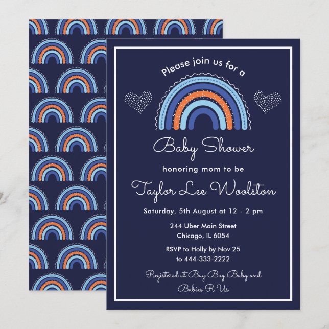 Convites Chuva de Cores Boho Azul Marinho Baby Shower (Frente/Verso)