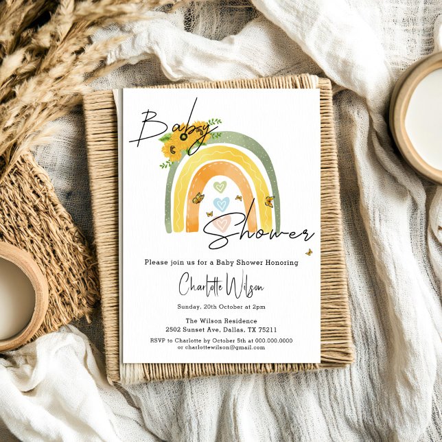 Convites Chuva de Cores Boho com Bebê de Chuveiro de Girass (Criador carregado)