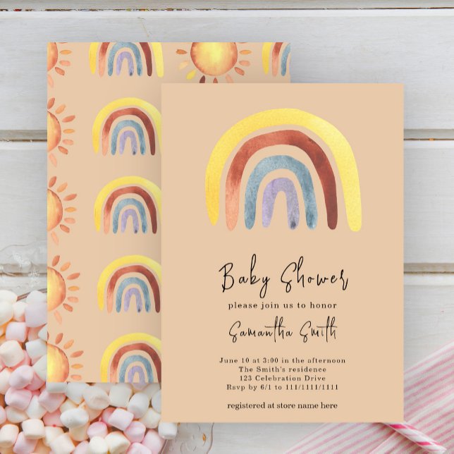 Convites Chuva de cores Boho em aquarela para Baby Shower (Criador carregado)