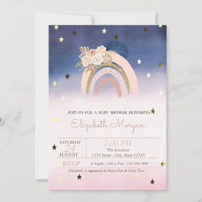 Convites Chuva de Cores Boho Flores Estrelas Baby Shower (Frente)